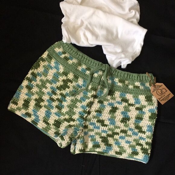 Crocheted 100% USA Cotton Drawstring Shorty Shorts - Picture 6 of 10